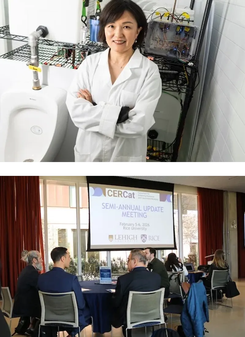 Qilin Li, the Karl F. Hasselmann Professor of Civil and Environmental Engineering, standing next to a standalone sanitation system prototype built in her lab at Rice (Credit: Jeff Fitlow/Rice University and The Consortium for Enhancing Resilience and Catastrophe Modeling (CERCat) convened at Rice in February for its semi-annual meeting (Credit: Lucero Hernandez/Rice University).