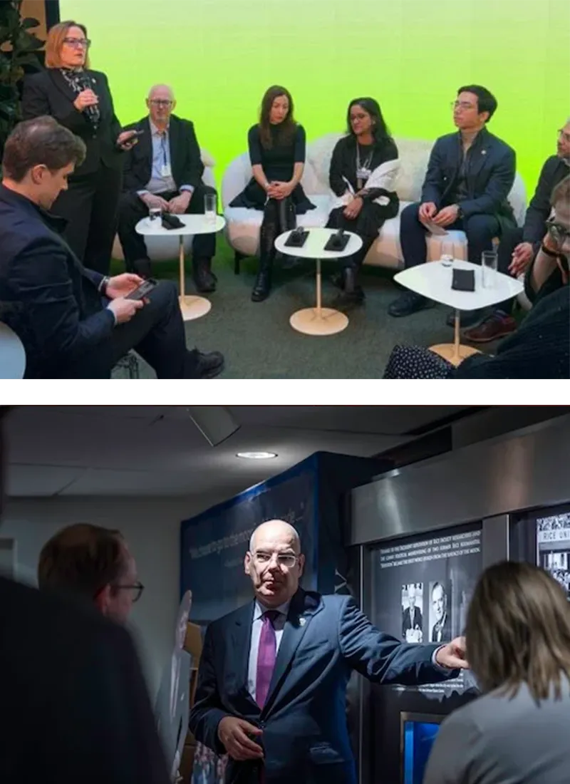 Provost Amy Dittmar discussing the speed of innovation at the World Economic Forum Annual Meeting Jan. 20 and David Alexander presenting on space at Rice