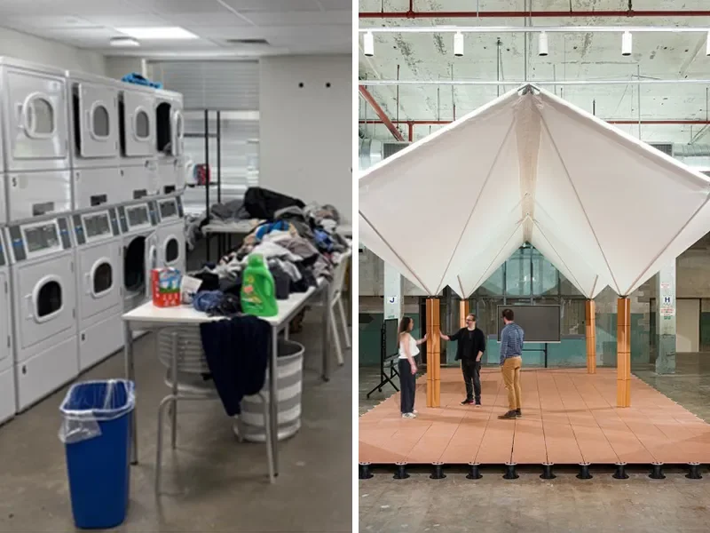 Qilin Li standing next to a standalone sanitation system prototype and the Consortium for Enhancing Resilience and Catastrophe Modeling meeting at Rice